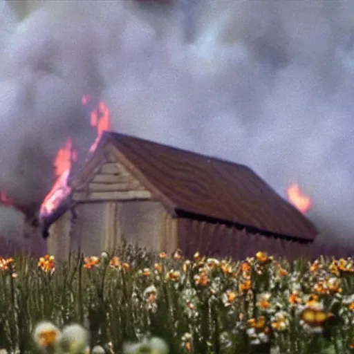 Image similar to vhs 1 9 8 0 s footage of a scene from the movie midsommar a - line shaped wooden building on fire, field of flowers