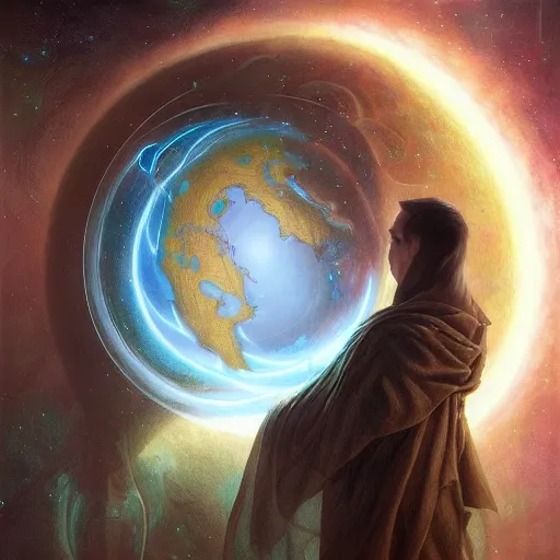 Image similar to the creator of worlds wearing a cloak and holding a holographic planet projection in his hand, detailed, sci - fi, digital painting, artstation, sharp focus, illustration, ominous, artgerm, tomasz alen kopera, peter mohrbacher, donato giancola, joseph christian leyendecker, wlop, frank frazetta