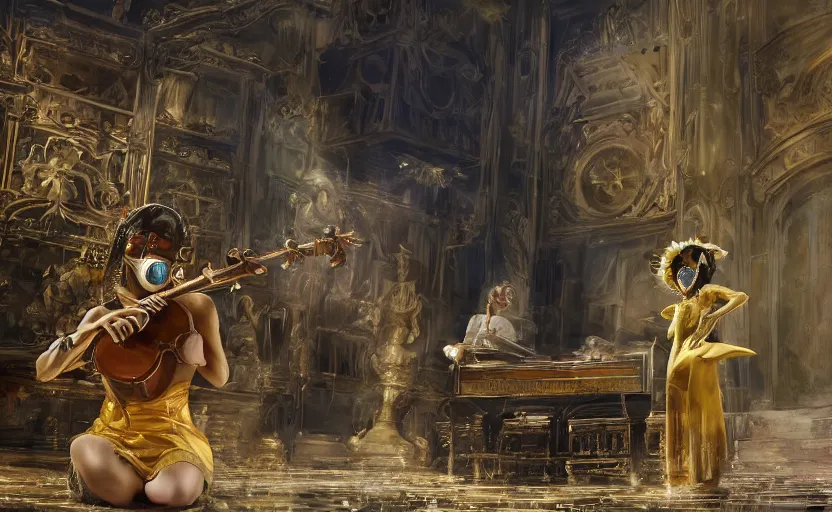 Image similar to craig mullins and ghibli digital art of on the stage of the theater, a masked female violinist performs alone, dressed in exotic costumes, gold jewelry, and black hair realistic shading, cinematic composition, realistic render, octane render, detailed textures, photorealistic, wide shot