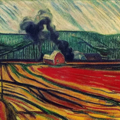 Image similar to a small vintage farm on fire in a corn field in the style of Edvard Munch