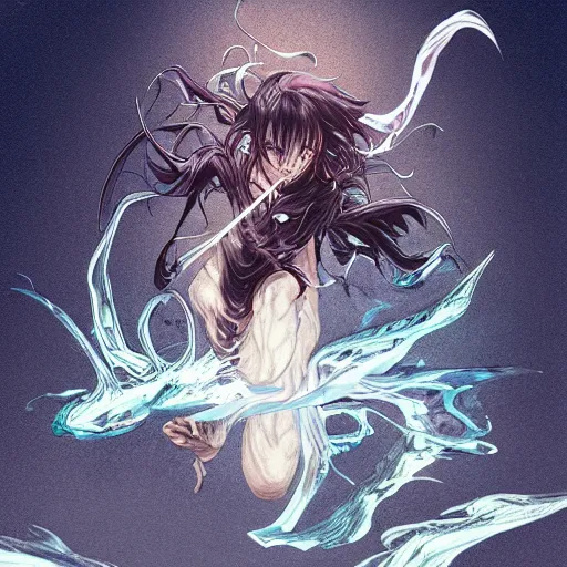 Image similar to tanjiro kamadond water, demon slayer, ghostly form, transparent, embodiment of fire a, comic book thick outline, gta art, anime, d & d, highly detailed, digital painting, artstation, concept art, sharp focus, illustration, cinematic lighting, art by artgerm and greg rutkowski and alphonse mucha