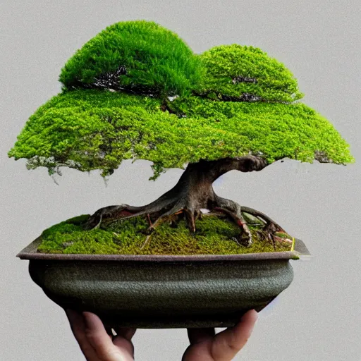 Image similar to A picture of a planet of various flowers, fungus and plants, Bonsai , in which the human figure is dressed in something magical and impressive, inside the picture is infinity, muted light, BotanicalAtmospheric phenomenon, artistic photography, muted colors, conceptual, Kodachrome