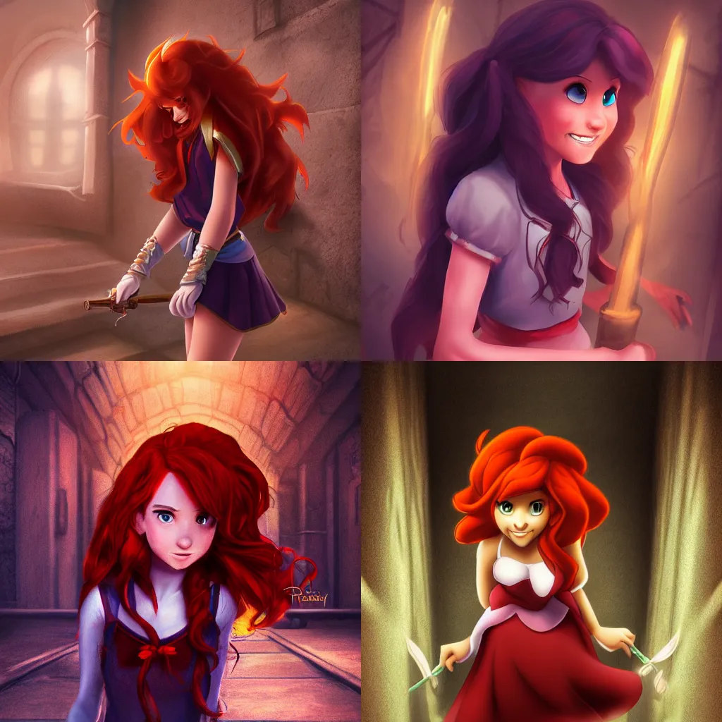 Prompt: Photorealistic Disney, the princess with wavy red hair sneaks through a dark dungeon, strong lighting, medium shot, trending on pixiv