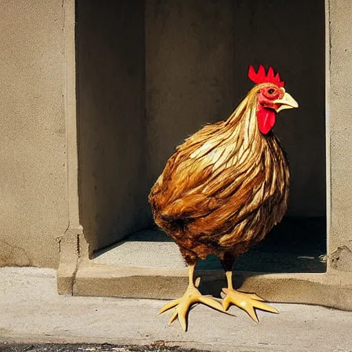 Prompt: man dressed as a chicken hiding around a corner, trending artstation, award winning photo