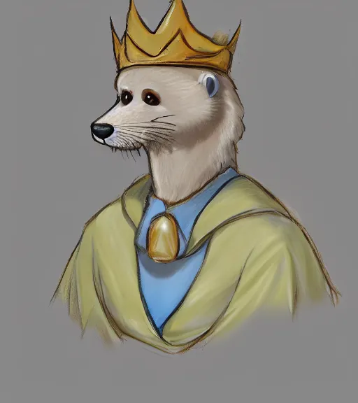 Image similar to expressive stylized master furry artist pastel pencil drawing full body portrait character study of the anthro male anthropomorphic otter fursona animal person wearing crown and cape royal western king regal intricate ornate