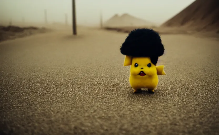 Image similar to cinestill 5 0 d candid photographic portrait by helen levitt of pikachu on a desolate plain, extreme closeup, modern cyberpunk moody emotional cinematic, dust storm, 8 k, hd, high resolution, 3 5 mm, f / 3 2, ultra realistic faces, detective pikachu