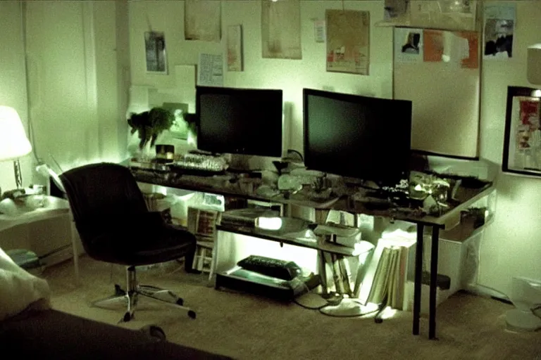 Image similar to apartment organization inspo green and fluffy, in 2 0 5 5, y 2 k cybercore, low - light photography, bathed in the glow of a crt monitor, still from a ridley scott movie