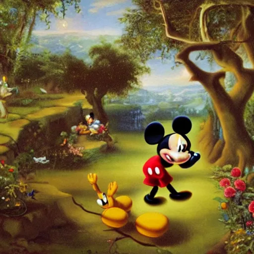 Prompt: mickey mouse entering the garden of eden, oil painting, masterpiece