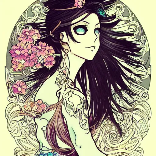 Image similar to anime manga skull portrait woman hair floral comic skeleton illustration style by Alphonse Mucha and James Jean and Sainer Etam pop art nouveau