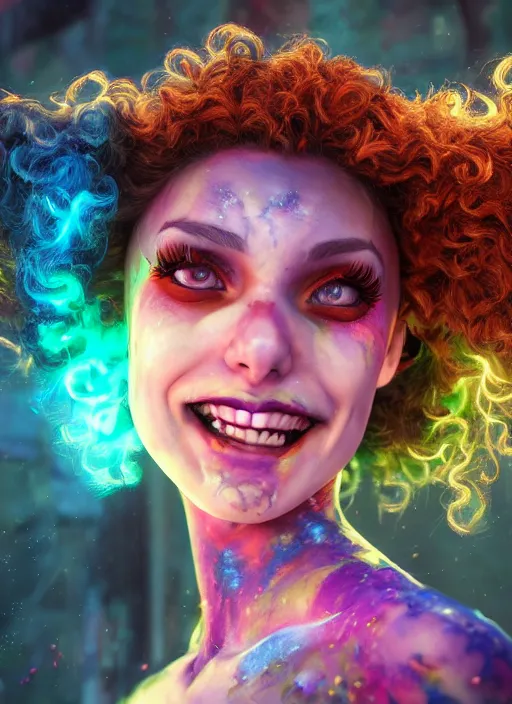 Image similar to an epic fantasy comic book style portrait painting of a girl wearing colorful makeup with a mischievous smile and curly brown hair stepping out of a doorway with light shining behind her, unreal 5, daz, hyperrealistic, octane render, cosplay, rpg portrait, dynamic lighting