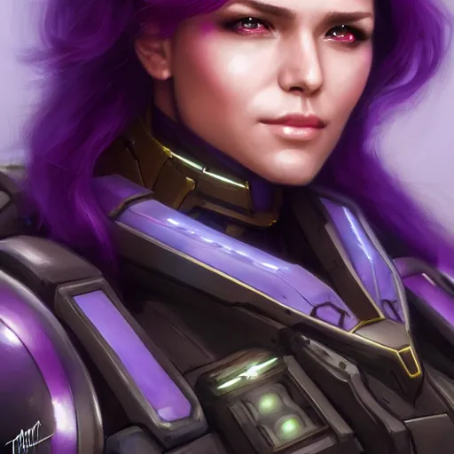 Image similar to a portrait of a very beautiful woman in battletech elemental clanner clan battle armor, Alexandria\'s genesis, chin-length purple hair, bored, illustration, soft lighting, soft details, painting oil on canvas by mark arian by artgerm, trending on artstation, 4k, 8k, HD