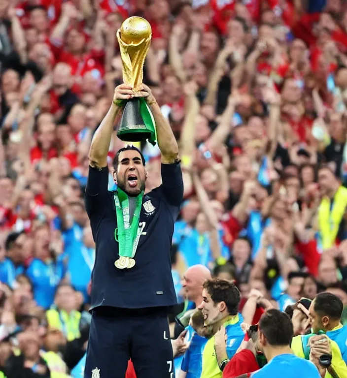 Prompt: claudio bravo lifting the fifa world cup in anfield stadium