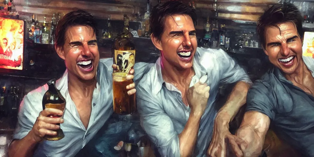 Prompt: hyper realistic tom cruise hanging out with tom cruise at a bar, all overly excited, jaw unhinged with laughter and smiling, all teeth, by greg rutkowski, scott m fischer, artgerm, loish, slight glow, atmospheric, anne stokes, alexandros pyromallis