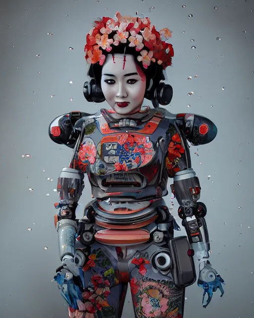 Image similar to an epic fantastic realism comic book style portrait painting of a japanese robotic geisha with kanji tattoos and decals, cherry blossom rain everywhere, apex legends, octane render, intricate detail, 4 k hd, unreal engine 5