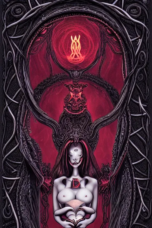 Prompt: ai illustration of demoness and her book of necronomicon, symmetrical, cinematic, sharp focus, 4 k, ultra hd, sense of awe, sinister demonic atmosphere, dreadful, forbidden knowledge, old gods. demonology journal cover