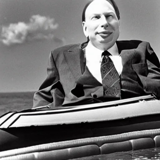 Prompt: L Ron Hubbard in a life raft