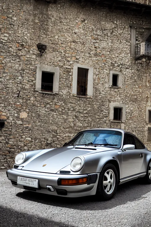 Prompt: Photo of a silver Porsche 911 Carrera 3.2 parked on a dock in Lake Como, daylight, dramatic lighting, award winning, highly detailed, 1980s, luxury lifestyle, fine art print, best selling.