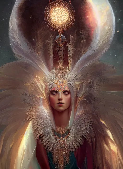 Image similar to A beautiful digital painting of a female Seraphim full of jewels, princess, the moon behind her, intricate, cinematic lighting, highly detailed, digital painting, Artstation, concept art, smooth, sharp focus, illustration, art by Tom Bagshaw, Artgerm and Greg Rutkowski