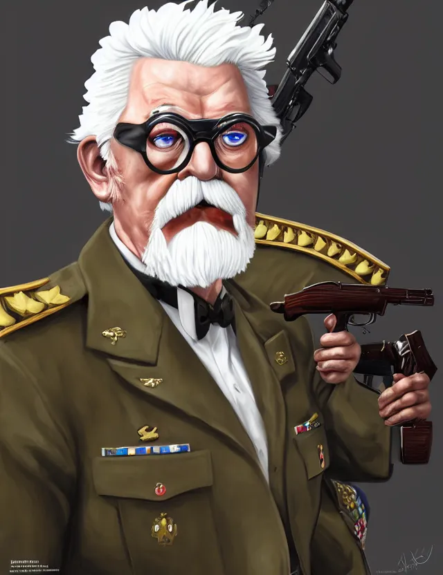 Image similar to a portrait of colonel sanders wearing a military uniform and an eyepatch, by moebius and tyler edlin and hr giger, trending on artstation, digital art, 4 k resolution, detailed, high quality, sharp focus, hq artwork, coherent, insane detail, concept art