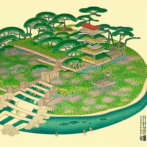 Prompt: 3 d isometric botanical illustration of a small city in an island with beach, diego rivera in ukiyo - e style variation 1, hd