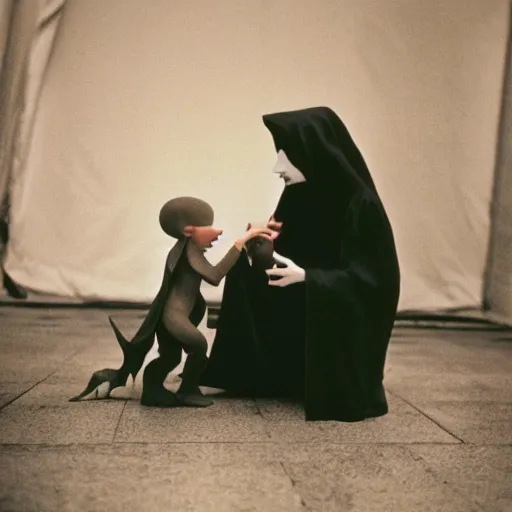 Image similar to portrait of nosferatu playing with his kid, realistic detailed photography, kodak 5 2 1 9 film, 5 0 mm lens