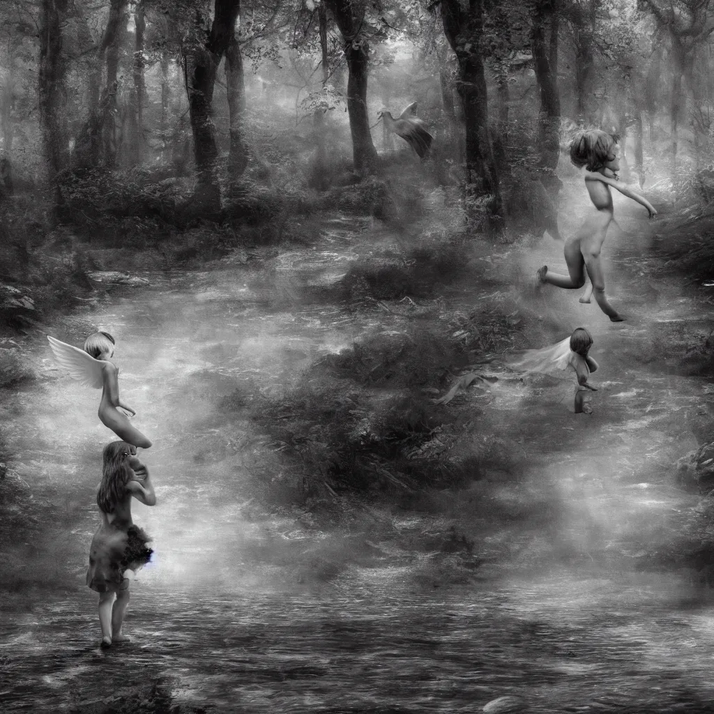 Image similar to an angel stripped of it's wings chasing a child through a creek in the woods, bad dream, hazy memory, volumetric, hyper realistic, octane render, dark black and white in the style of alvin schwartz, epic angles