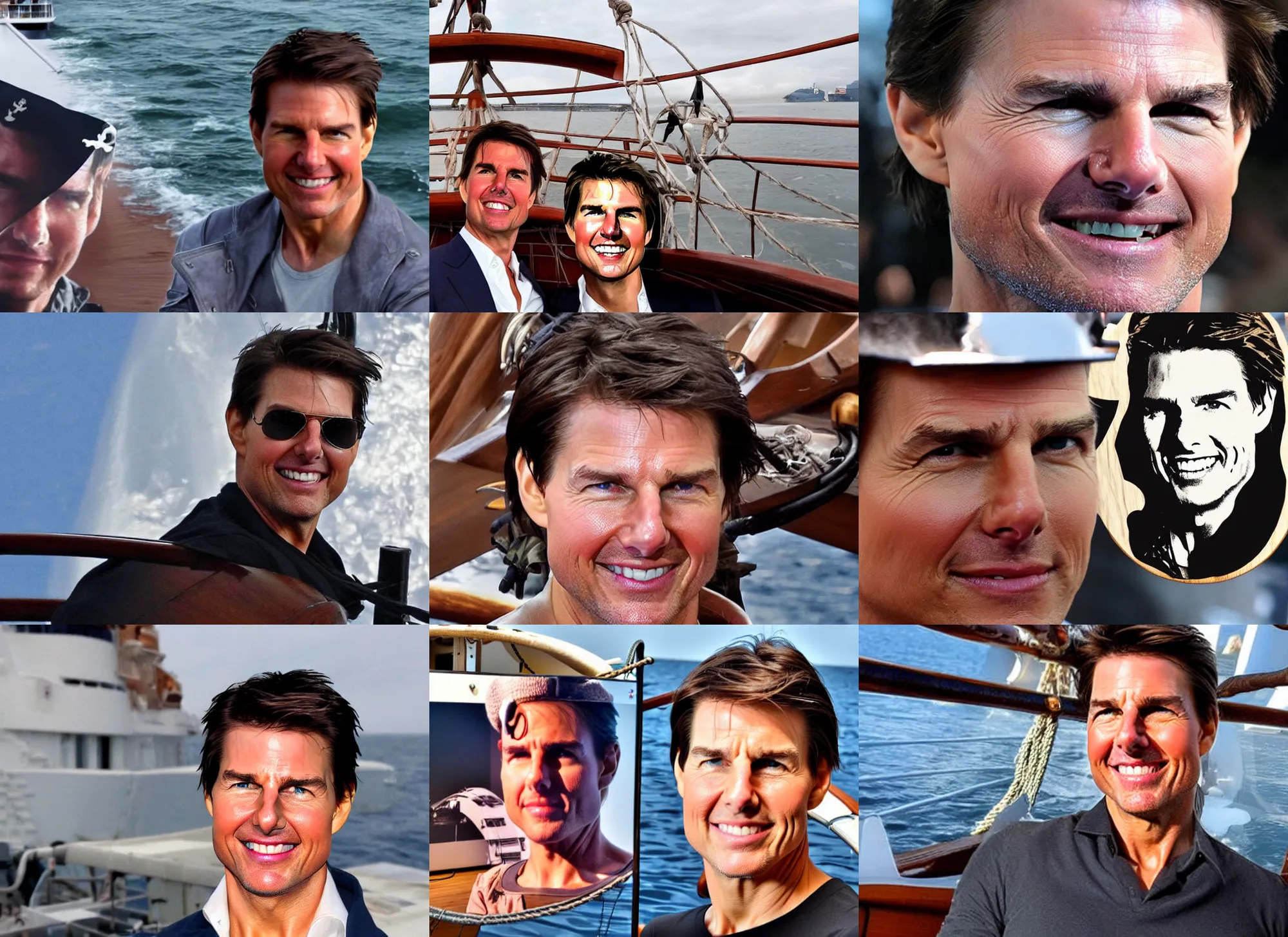 Prompt: tom cruise's face on the bow of a wooden pirate cruise ship