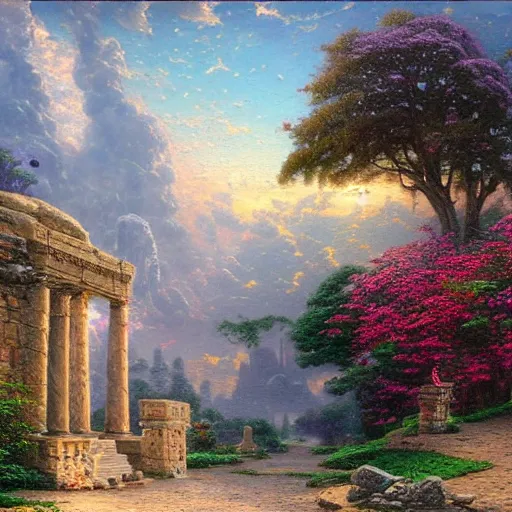 Prompt: Forgotten ancient city, painted by Thomas Kinkade