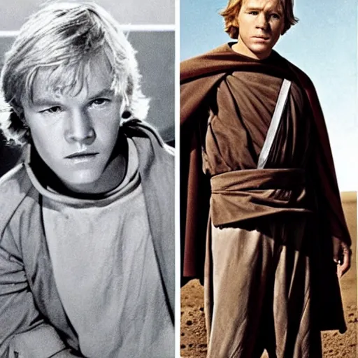 Image similar to young patrick stewart with wavy blond hair as luke skywalker on tatooine