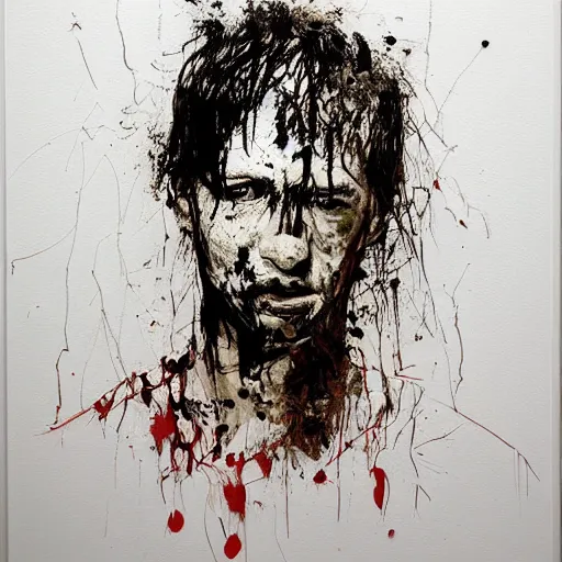 Prompt: matte portrait of a depressed young man covered in dirt and blood, by Antony Micallef by Ashley Wood