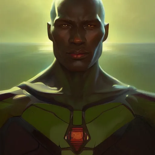 Image similar to martian manhunter portrait, dramatic light, lake background, 2 0 0 mm focal length, painted by stanley lau, painted by greg rutkowski, painted by stanley artgerm, digital art, trending on artstation