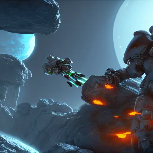 Image similar to Two space marines fighting an spaceship on a dead world full of rocks, award winning, trending on artstation, unreal engine