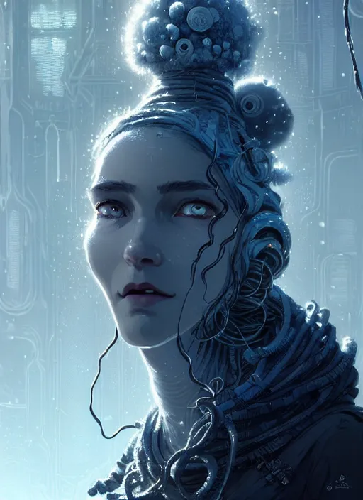 Image similar to highly detailed portrait of a frostpunk long curly white hair tribal lady, stray wiring by atey ghailan, james gilleard, by joe fenton, by greg rutkowski, by greg tocchini, by kaethe butcher, 4 k resolution, gradient blue, black and white color scheme!!! ( ( glaciated robotic dystopian city background ) )