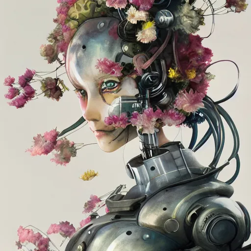 Image similar to surreal gouache painting, by yoshitaka amano, by ruan jia, by conrad roset, by good smile company, detailed anime 3 d render of a female mechanical android head with flowers growing out, portrait and white background, cgsociety, artstation, rococo mechanical costume and grand headpiece, dieselpunk atmosphere