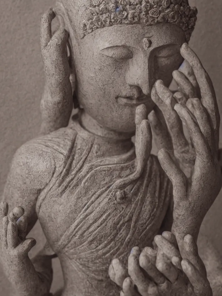 Image similar to beautiful detailed sculpture of meditating buda looking at a smartphone, in a gallery setting, influenced by greg rutkowsk. professional studio photo, full object in middle, soft lighting, centered, 1 5 0 mm lens, high definition