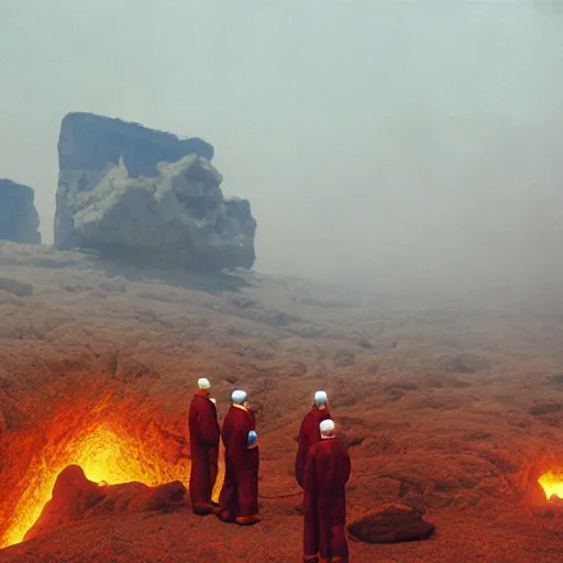 Prompt: wide - shot photo of a group of scientists in hazmat suits, studying a hell open rift portal, by shaun tan, codachrome, hellish, unsettling, otherworldly, smoke, machines, floating rocks, megalophobia, 8 k, hd, highly detailed,