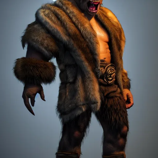 Prompt: A full body shot of a handsome orc looking into the camera wearing a fur jacket and boots, full body shot, artstation, realistic, highly detailed, symmetrical, hyper realism, high detail, octane render, unreal engine, 8k, fantasy art, highly detailed, concept art