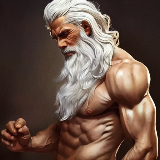 Image similar to portrait of mighty zeus, greek god, white hair, soft hair, d & d, muscular, hairy torso, fantasy, intricate, elegant, highly detailed, digital painting, artstation, concept art, smooth, sharp focus, illustration, art by artgerm and greg rutkowski and alphonse mucha