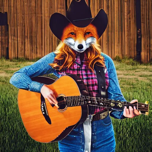 Image similar to a female fox animal, wearing cowboy hat, wearing plaid shirt, playing guitar, inside a barn, album cover style