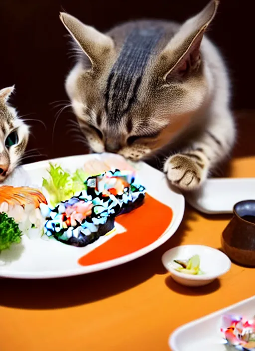 Prompt: clear photograph of cute cats stealing sushi from sushi plates