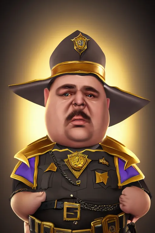 Prompt: high elf mall cop with a sheriff's badge that is fat, shifty, and incompetent, RPG portrait from the chest up, Oil Painting, dynamic lighting, Highly Detailed, Cinematic Lighting, 8k, HD