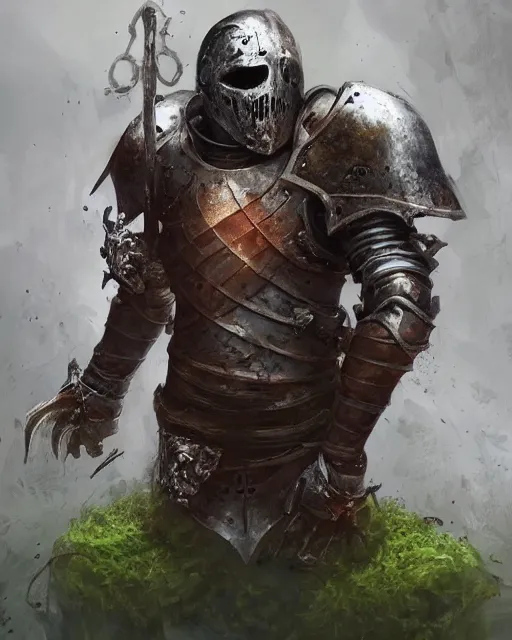 Image similar to An undead medieval knight wearing rusted armor covered in moss, by Stanley Artgerm Lau, WLOP, Rossdraws, James Jean, Andrei Riabovitchev, Marc Simonetti, and Sakimichan, tranding on artstation