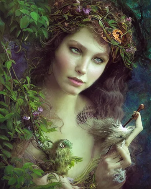 Prompt: dryad musician, portrait, with a feathered mouse friend, studio lighting by jessica rossier and brian froud and gaston bussiere