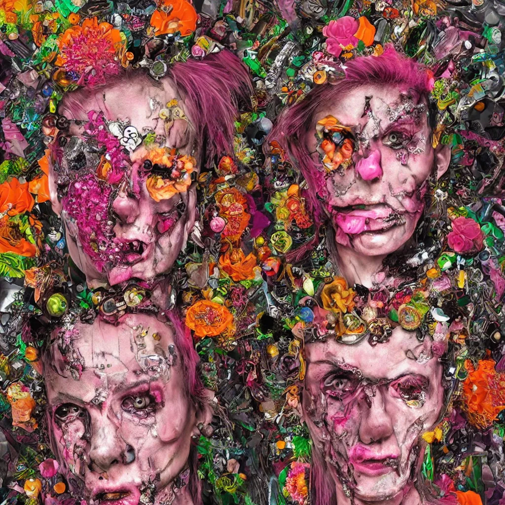 Prompt: a single portrait of a punk rock zombie, pink crystal mohawk, eyes made of gemstones, face made of fruit and flowers, Baroque style, art by Arcimboldo, hyperrealism, elegant, digital painting, neon orange background