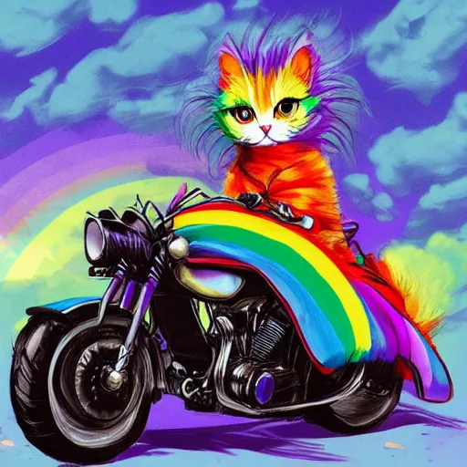 Image similar to wide angle full body, jacket wearing fluffy cute rainbow kitten wearing a black leather motorcycle jacket, riding on a motorcycle, cinematic concept art