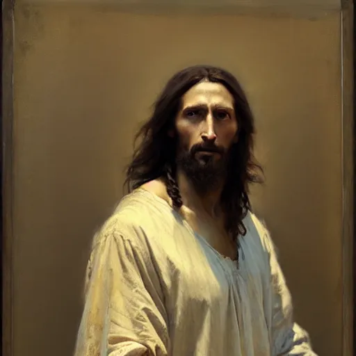 Image similar to photograph imax and solomon joseph solomon and richard schmid and jeremy lipking victorian loose genre loose painting full length portrait painting of jesus