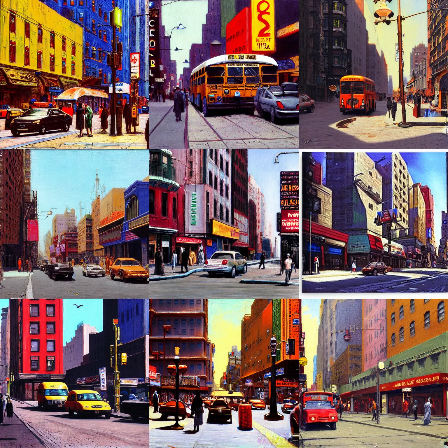 Prompt: 4k, street photography, tangier street in new york city, mta subway entrance, djelleba, public bus, bus stop, tree, car traffic, traffic light, pedestrians, shops, Jean-Leon Gerome