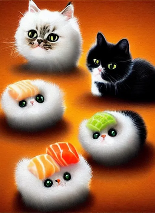 Image similar to clear photorealistic picture of adorable cats made out of sushi