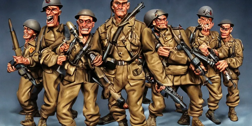 Image similar to small soldiers wwII, surrealism aesthetic, detailed facial expressions