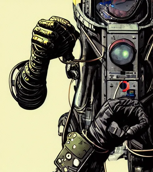 Image similar to cyberpunk engineer with long limbs and a black spacesuit on a spacewalk, dead space, Industrial Scifi, detailed illustration, character portrait, by Martin Grip and Moebius